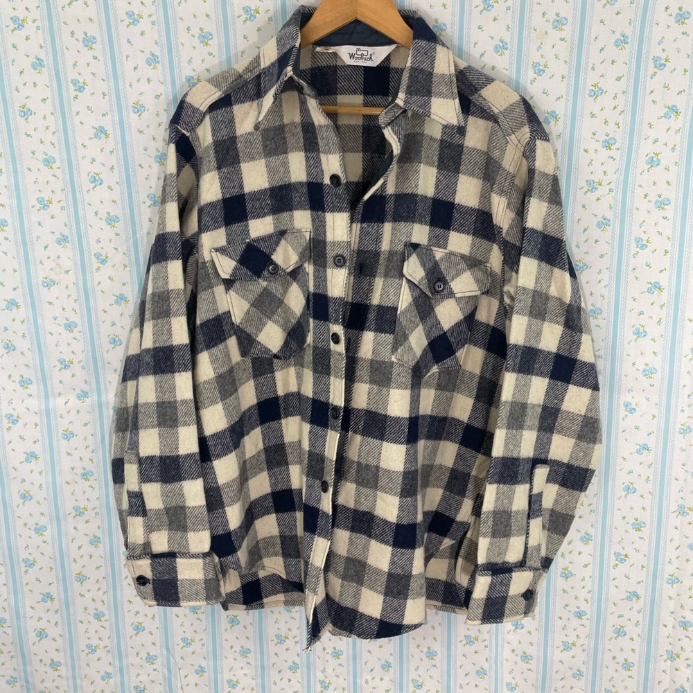 Vintage Woolrich Wool Blend Navy, Gray and Cream Plaid Button-Up Shirt - Size L
